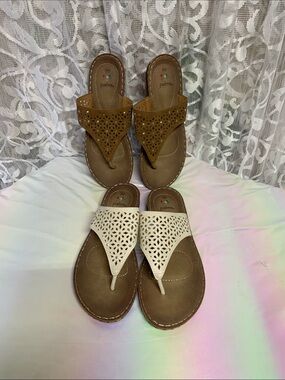 Palms Women's Laser-Cut Toe-Post Sandals — Tan and White